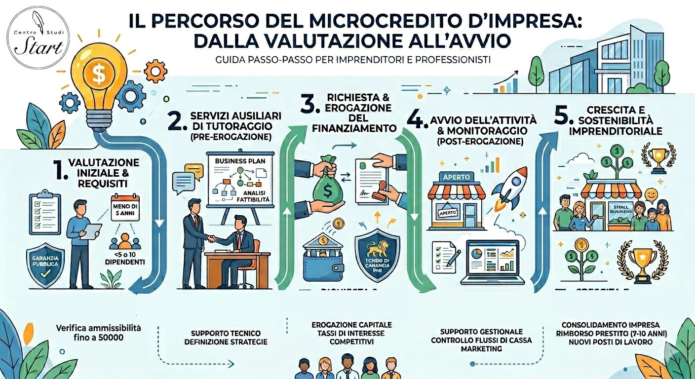 Infografica che illustra le 5 fasi del microcredito d'impresa: valutazione, tutoraggio, erogazione, avvio attività e crescita sostenibile.